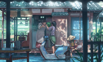 1other 2girls absurdres apron artist_name black_hair blue_pants blue_shirt blurry blurry_foreground boat book bookshelf building canal ceiling_light chair cityscape closed_mouth clothes_around_waist coffee_mug commentary_request couch cup dappled_sunlight day depth_of_field electric_fan faucet fishing fishing_line fishing_rod flower food fruit glass green_sweater hat highres holding holding_fishing_rod holding_food holding_fruit holding_watermelon japanese_clothes kataginu kitchen lamp leg_up long_skirt long_sleeves low_ponytail medium_hair microwave mug multiple_girls original outdoors pants pink_skirt pitcher_(container) plant plate ponytail potted_plant red_flower refrigerator rice_hat ryon40716441 shadow shelf shirt short_sleeves signature sink sitting skirt smile standing sunlight sweater sweater_around_waist table vase veranda watercraft watermelon white_apron white_shirt wide_shot window