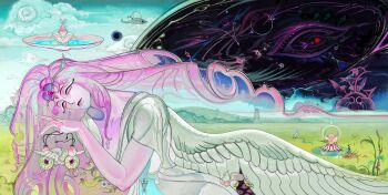 Rule 34 | 1girl, absurdres, angel wings, breasts, colored skin, commentary, cookie run, cookie run: kingdom, demon girl, demon tail, demon wings, dress, english commentary, eternal sugar cookie, highres, karsin2022, long hair, pink hair, pink skin, solo, tail, very long hair, white dress, wings