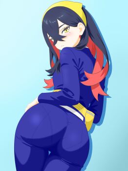 absurdres ass ass_focus black_hair blue_background blue_jacket blue_pants blueberry_academy_school_uniform blush carmine_(pokemon) closed_mouth colored_inner_hair crossed_bangs fanny_pack from_behind hair_between_eyes hairband highres jacket long_hair long_sleeves looking_at_viewer looking_back majikichi915 mole mole_under_eye multicolored_hair nintendo pants pokemon pokemon_sv red_hair school_uniform two-tone_hair yellow_eyes yellow_hairband