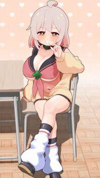 1girl absurdres ahoge alternate_breast_size_(larger) alternate_hair_length_(shorter) black_choker black_shoes blush breasts brown_eyes candy cardigan chair choker commentary cosplay crossed_legs desk detached_collar food food_in_mouth full_body grin hand_up happyundergate heart heart_background highres large_breasts leg_warmers lollipop lollipop_in_mouth long_sleeves looking_at_viewer multicolored_hair navel neckerchief off_shoulder on_chair onii-chan_wa_oshimai! oyama_mahiro pine_(bombergirl) pine_(bombergirl)_(cosplay) pine_(succubus_gyaru)_(bombergirl) pink_hair red_nails red_neckerchief revealing_clothes sailor_collar school_desk shoes short_hair sitting smile solo two-tone_hair watermark white_leg_warmers yellow_cardigan