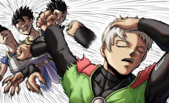 2boys adjusting_hair afterimage armor black_bodysuit black_hair bodysuit cabba clenched_hand closed_eyes dragon_ball dragon_ball_age_1000 dragon_ball_super ear_piercing green_vest grey_hair hashtag-only_commentary highres male_focus motion_lines multiple_boys muscular muscular_male parted_lips piercing punching red_vest short_hair speed_lines sydoria two-tone_veil vest white_armor