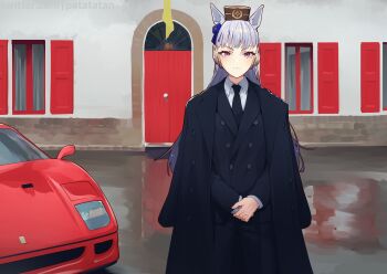 Rule 34 | 1girl, absurdres, animal ears, black coat, black jacket, black necktie, black pants, blue bow, bow, building, car, closed mouth, coat, coat on shoulders, collared shirt, ear bow, ferrari, ferrari f40, gold ship (umamusume), grey hair, highres, horse ears, horse girl, jacket, long hair, looking at viewer, motor vehicle, necktie, own hands together, pants, patatatan, purple eyes, red car, shirt, solo, sports car, umamusume, white shirt