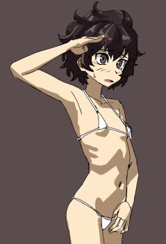 1girl bikini breasts brown_background brown_eyes brown_hair commentary_request highres marnie_(meitantei_marnie) meitantei_marnie micro_bikini navel onimushi_hyogo salute short_hair simple_background sketch skinny small_breasts swimsuit