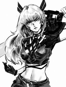 Rule 34 | 1girl, commentary, crop top, english commentary, gloves, greyscale, highres, long hair, magik (x-men), marvel, marvel rivals, midriff, miss faves, monochrome, serious, shoulder spikes, sketch, solo, spikes, x-men