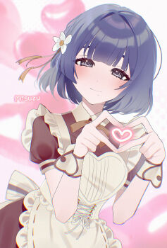 Rule 34 | 1girl, absurdres, apron, balloon, blunt bangs, blush, brown dress, character name, cross-laced apron, dress, dutch angle, four-finger heart hands, frilled apron, frills, gakuen idolmaster, happy mille-feuille (idolmaster), heart, heart balloon, heart hands, heart in heart hands, highres, idolmaster, kamio misuzu, light smile, looking at viewer, mole, mole under mouth, puffy short sleeves, puffy sleeves, purple hair, short hair, short sleeves, solo, ume (yuuki-110813), white apron