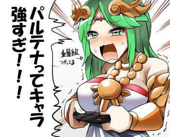 1girl blush breasts chain circlet controller crying diz_(diznaoto) emphasis_lines game_controller gold_chain green_eyes green_hair highres holding holding_controller holding_game_controller kid_icarus kid_icarus_uprising large_breasts nintendo open_mouth palutena solo translation_request upper_body vambraces