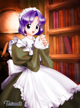 1girl 2000s_(style) :d apron archived_source artist_name blush bob_cut book bookshelf collared_dress commentary_request contrast_collar cowboy_shot curtained_hair dress earrings fingernails frilled_apron frilled_sleeves frills globe green_dress green_sleeves headdress indoors jewelry juliet_sleeves long_sleeves looking_at_viewer maid maid_apron maid_headdress medium_dress open_mouth original own_hands_together parted_bangs puffy_sleeves purple_eyes purple_hair purple_ribbon quill retro_artstyle ribbon rosanna_(mt3t-njr) smile solo white_headdress wing_collar