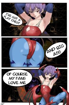 Rule 34 | 1girl, animal print, bat print, blue pantyhose, breasts, darkstalkers, grin, head wings, highres, leotard, lilith (darkstalkers), looking at viewer, nashdnash2007, panels, pantyhose, purple hair, red eyes, red leotard, short hair, small breasts, smile, solo, strapless, strapless leotard, wings