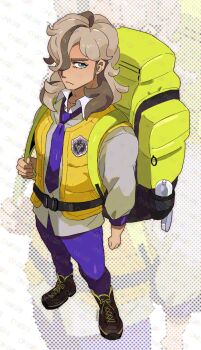 1boy arven_(pokemon) backpack bag belt ben-day_dots black_belt black_boots blue_eyes boots brown_hair buckle closed_mouth collared_shirt commentary frown full_body hair_behind_ear hair_over_one_eye highres long_hair looking_at_viewer male_focus multicolored_hair necktie nintendo one_eye_covered onigiri_(ahku5522) open_collar pants pokemon pokemon_sv purple_necktie purple_pants screentones shirt snap-fit_buckle solo standing streaked_hair symbol-only_commentary vest watermark white_shirt wing_collar yellow_vest zoom_layer