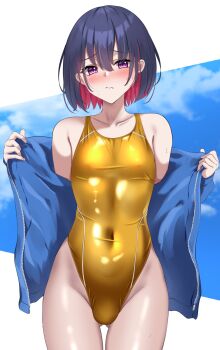 1boy bare_shoulders blue_hair blue_jacket blush bulge closed_mouth colored_inner_hair commentary_request competition_swimsuit covered_navel cowboy_shot crossdressing crossdressing_(mtf) embarrassed furrowed_brow gluteal_fold gold_one-piece_swimsuit hair_between_eyes hibika highleg highleg_one-piece_swimsuit highres jacket looking_at_viewer male_focus multicolored_hair off_shoulder one-piece_swimsuit open_clothes open_jacket opened_by_self original purple_eyes red_hair shiny_swimsuit short_hair solo standing sweat swimsuit track_jacket trap two-tone_hair