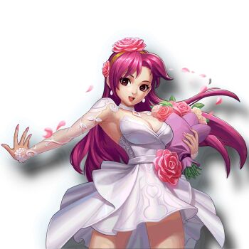 1girl asamiya_athena breasts dress earrings female_focus flower gloves hairband hands_up highres jewelry large_breasts long_hair looking_at_viewer petals purple_hair red_eyes rose rose_petals see-through_clothes see-through_sleeves skirt the_king_of_fighters wedding_dress