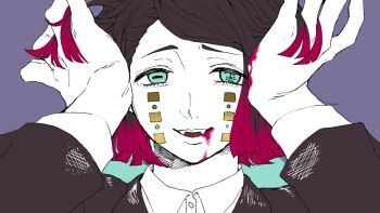 1boy adjusting_hair aqua_eyes asymmetrical_bangs bags_under_eyes black_hair black_jacket blood blood_from_mouth blood_on_hands bonnouji_(kanikamapurin) buttons colored_skin colored_tips commentary_request crosshatching demon_boy enmu_(kimetsu_no_yaiba) facial_mark fangs flat_color hands_on_own_head hatching_(texture) highres jacket kimetsu_no_yaiba long_sleeves looking_at_viewer male_focus medium_hair multicolored_hair open_mouth purple_background smile solo straight-on suit_jacket symbol-shaped_pupils tears_facial_mark trap two-tone_background undershirt villain_(vocaloid) white_skin