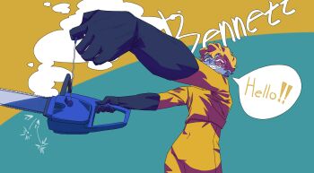 Rule 34 | 1boy, absurdres, aqua background, bennett (hello charlotte), black gloves, blonde hair, chainsaw, character name, colored skin, cord pull, downturned eyes, english text, extra eyes, geulim03, gloves, grey skin, grin, hazmat suit, hello charlotte, highres, holding, holding chainsaw, holding weapon, jacket, looking at viewer, pants, pull cord, pulling, rubber gloves, scar, scar across eye, scar on face, sharp teeth, smile, teeth, two-tone background, weapon, yellow background, yellow jacket, yellow pants