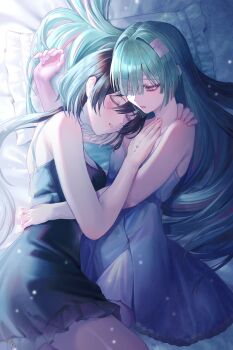 2girls absurdres bandage_on_hair bandages bare_shoulders bed_sheet black_hair blush breasts chemise closed_eyes commentary_request female_rover_(wuthering_waves) grey_eyes grey_hair hand_on_another's_chest hand_on_another's_waist highres hug long_hair looking_at_another low_ponytail multiple_girls on_bed parted_lips phrolova_(wuthering_waves) pillow ponytail red_pupils rover_(wuthering_waves) shikuwata sleeping spaghetti_strap tacet_mark_(wuthering_waves) wuthering_waves yuri