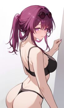 1girl ass back black_bra black_panties blush bra breasts commentary english_commentary eyewear_on_head highres honkai:_star_rail honkai_(series) kafka_(honkai:_star_rail) panties ponytail prickly-chan_(ycactussprout) purple_eyes purple_hair purple_nails smile solo sunglasses underwear underwear_only