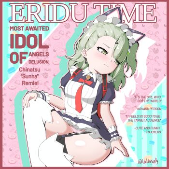 1girl absurdres animal_ears backpack bag blush breasts crossed_legs earrings english_text fake_animal_ears female_focus green_eyes green_hair highres jewelry kiannuwu loli maid maid_headdress maim panties pink_panties ponytail randoseru side_ponytail sitting small_breasts solo sunna_(zenless_zone_zero) thighhighs thighs underwear white_thighhighs zenless_zone_zero