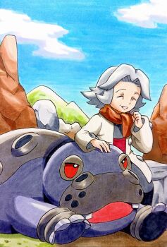 1girl bertha_(pokemon) cloud coat commentary_request day gen_4_pokemon grey_hair highres hippowdon hippowdon_(female) lying nintendo old old_woman on_stomach open_clothes open_coat outdoors pokemon pokemon_(creature) pokemon_dppt red_eyes red_scarf scarf sitting speedy_(pkh)