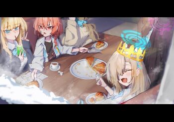 5girls absurdres akane_(blue_archive) akane_(school_uniform)_(blue_archive) asuna_(blue_archive) asuna_(school_uniform)_(blue_archive) asymmetrical_bangs black_hair black_halo blue_archive blue_bow blue_bowtie blue_cardigan blue_halo blue_nails blue_scrunchie bow bowtie braid breasts brown_cardigan cardigan cleaning_&amp;_clearing_(blue_archive) closed_eyes dark-skinned_female dark_skin doodle_sensei_(blue_archive) eating floral_print_shirt food hair_ornament hair_over_one_eye hair_scrunchie half_up_braid halo highres karin_(blue_archive) karin_(school_uniform)_(blue_archive) large_breasts loose_bowtie minibeat mole mole_under_each_eye mole_under_eye multiple_girls multiple_moles neck_ribbon neru_(blue_archive) neru_(school_uniform)_(blue_archive) official_alternate_costume open_cardigan open_clothes orange_hair plate purple_halo red_eyes ribbon scrunchie sensei_(blue_archive) shirt single_braid smile toki_(blue_archive) toki_(school_uniform)_(blue_archive) undone_neck_ribbon v white_shirt