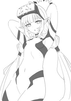 Rule 34 | 1girl, absurdres, adjusting hair, arms behind head, black bodysuit, black gloves, black halo, blue archive, blunt bangs, blush, bodysuit, breasts, bright pupils, closed mouth, covered navel, earclip, eyelashes, gloves, goggles, goggles on head, hair tubes, halo, hand up, head-mounted display, highres, himari (blue archive), himari (bodysuit) (blue archive), long hair, looking at viewer, low-tied long hair, mitsumoto amata, mole, mole under eye, multicolored bodysuit, multicolored halo, official alternate costume, open mouth, pointy ears, ribs, sidelocks, simple background, small breasts, smile, smug, solo, sparkle, sparkling aura, triangle mouth, twintails, two-tone bodysuit, two-tone gloves, two-tone halo, very long hair, white background, white bodysuit, white halo