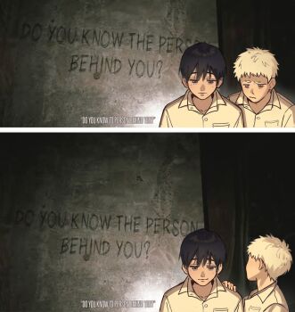 2boys absurdres bl0bfishnell black_hair caption closed_mouth collared_shirt do_you_know_the_person_behind_you?_(meme) game_screenshot_inset hashtag-only_commentary highres hikaru_ga_shinda_natsu indou_hikaru livestream looking_back male_focus meme mole mole_on_cheek mole_on_neck mole_under_eye mole_under_mouth multiple_boys multiple_moles screenshot_background shirt short_eyebrows short_hair tsujinaka_yoshiki white_hair white_shirt