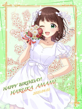 1girl ;d absurdres amami_haruka bouquet bow bracelet brown_hair character_name collarbone daisy_(flower) dress earrings flower framed gem green_eyes hair_bow hand_on_own_hip highres holding holding_bouquet idolmaster idolmaster_(classic) jewelry medium_hair necklace one_eye_closed open_mouth outline red_flower red_gemstone shiro_(ongrokm) short_sleeves smile solo sparkle standing white_bow white_dress white_flower