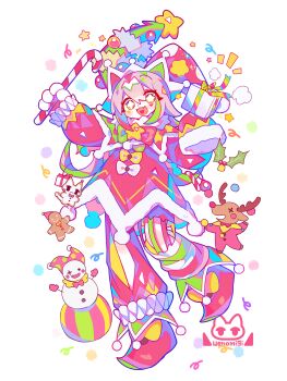 1girl :3 :d absurdres antlers ball blush_stickers candy candy_cane christmas colorful commentary double-parted_bangs fang food full_body fur-trimmed_shirt fur-trimmed_sleeves fur_trim gingerbread_man green_eyes hair_between_eyes hat highres holding holding_candy holding_candy_cane holding_food horns jester_cap long_sleeves looking_at_viewer open_mouth original pants red_pants red_shoes reindeer_antlers revision shirt shoes signature simple_background sleeves_past_fingers sleeves_past_wrists smile snowman solo standing standing_on_one_leg symbol-only_commentary uenomigi white_background