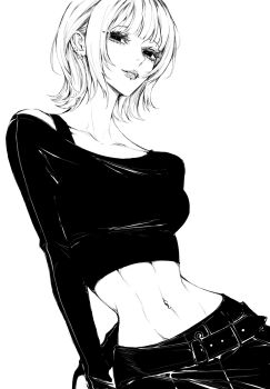 1girl belt breasts closed_mouth collarbone cowboy_shot cropped_shirt ear_piercing earrings fangs fangs_out greyscale highres jewelry lips looking_at_viewer monochrome navel navel_piercing nose original pants piercing shirt short_hair simple_background small_breasts smile solo stomach teeniika white_background