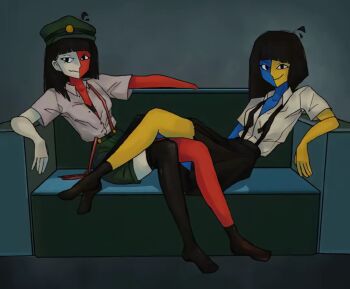 2girls artist_request ena:_dream_bbq ena_(dream_bbq) ena_(ena) ena_(series) female_focus full_body hat highres looking_at_viewer multicolored_skin multiple_girls open_clothes open_shirt short_hair sitting skirt suspenders two-tone_skin