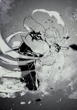 1boy clothes_writing demon_slayer_uniform english_text full_body greyscale highres holding holding_sword holding_weapon jacket katana kimetsu_no_yaiba male_focus monochrome pants parted_lips scar scar_on_face shinazugawa_sanemi short_hair solo spiked_hair sss_s1a sword teeth veins veiny_hands watermark weapon