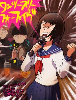 1girl 2boys ^^^ aoki_(fumomo) black_eyes black_hair black_jacket blonde_hair blue_sailor_collar blue_skirt blunt_bangs booth_seating brown_hair buttons chair character_request clenched_hand closed_eyes collarbone collared_jacket commentary_request cup determined disposable_cup drink drinking drinking_glass drinking_straw emphasis_lines expressionless eyelashes furrowed_brow gakuran high_collar holding holding_drink holding_microphone indoors instrument inukawa_mameta jacket juice kageyama_shigeo kurata_tome layered_sleeves long_sleeves looking_at_another menu microphone miniskirt mob_psycho_100 multiple_boys music neckerchief official_style on_chair open_mouth orange_juice playing_instrument pleated_skirt red_neckerchief restaurant sailor_collar saliva school_uniform shirt short_hair singing sitting skirt speech_bubble standing sweatdrop table tambourine teeth thick_eyebrows translation_request undershirt v-shaped_eyebrows white_shirt wooden_wall