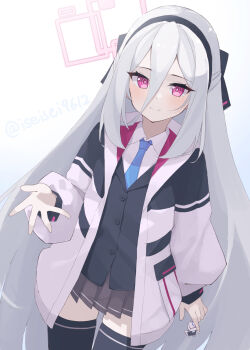Rule 34 | 1girl, black hairband, black jacket, black skirt, black thighhighs, blue archive, blue necktie, blush, closed mouth, collared shirt, commentary request, hair between eyes, hairband, halo, highres, isei sei, jacket, kei (blue archive), kei (new body) (blue archive), long hair, long hair between eyes, looking at viewer, necktie, pink halo, pleated skirt, rectangular halo, shirt, skirt, solo, thighhighs, very long hair, white hair, white shirt