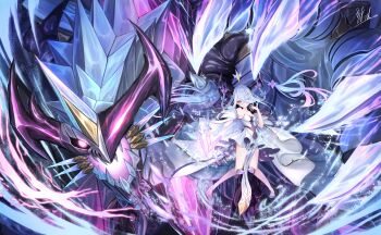 Rule 34 | 1girl, absurdres, blue bow, bow, braid, commentary request, cyclepedia (duel masters), dragon, dragon girl, dragon horns, dress, duel masters, hair between eyes, hair bow, hair on horn, highres, horns, knee horn, long hair, off-shoulder dress, off shoulder, open mouth, pink eyes, purple bow, purple horns, sakupanda., signature, twin braids, white dress