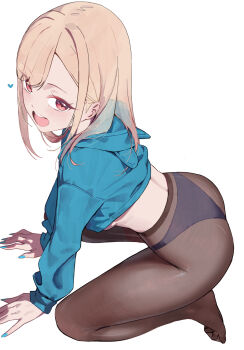 Rule 34 | 1girl, all fours, ass, black panties, black pantyhose, blonde hair, blue nails, blue sweater, breasts, commentary, cropped sweater, highres, hood, hood down, hoodie, kitagawa marin, long hair, looking at viewer, nmm, panties, panties under pantyhose, pantyhose, purple eyes, simple background, smile, solo, sono bisque doll wa koi wo suru, sweater, underboob, underwear, untranslatable commentary, white background