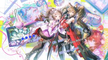 Rule 34 | 2girls, :d, angelina (arknights), animal ears, ardelia (arknights), arknights, arknights: endfield, asymmetrical gloves, aurora (arknights), baby animal, bare shoulders, belt, black dress, black gloves, black thighhighs, bracelet, character name, charm (object), coat, demon girl, demon horns, diamond-shaped pupils, diamond (shape), dot nose, dress, elevation contour lines, endministrator (arknights), english text, eyjafjalla (arknights), fingerless gloves, food, food on face, fox girl, fox shadow puppet, fox tail, gilberta (arknights), gloves, high belt, highres, holding, holding microphone, horns, ice cream, infection monitor (arknights), jell (jell y fish), jewelry, karaoke, laevatain (arknights), lamb, licking, little black sheep (arknights), long hair, long sleeves, lyrics, m3 (arknights), microphone, multiple girls, music, official art, open clothes, open coat, open mouth, purple dress, red coat, red gloves, red hair, second-party source, sheep, sheep ears, sheep girl, sheep horns, short dress, side ponytail, singing, sleeveless, sleeveless dress, smile, snowshine (arknights), surtr (arknights), symbol-shaped pupils, tablet pc, tail, thighhighs, twintails, wide sleeves, wings, zettai ryouiki