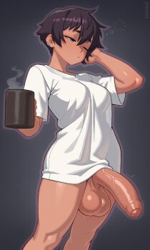 1futa ^^^ absurdres artist_name black_hair bottomless breasts closed_mouth coffee_mug commentary cup dark-skinned_female dark_skin earclip english_commentary feet_out_of_frame foreskin futanari glooz_art green_eyes grey_background hair_between_eyes half-closed_eye half-erect highres holding holding_cup huge_testicles large_penis medium_breasts morning_wood mug one_eye_closed original penis shirt short_eyebrows short_hair short_sleeves solo squeans standing t-shirt testicles thick_eyebrows uncensored veins veiny_penis white_shirt