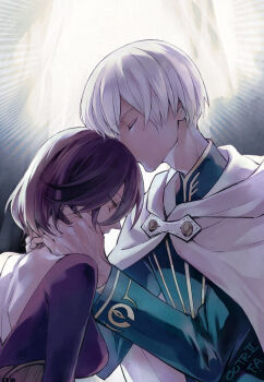 1boy 1girl backless_dress backless_outfit black_hair breasts closed_eyes commentary_request copyright_name dress grel_(r6hgvu5) hand_around_neck hetero kiss large_breasts octopath_traveler octopath_traveler_ii purple_dress robe short_hair temenos_mistral throne_anguis white_hair white_robe