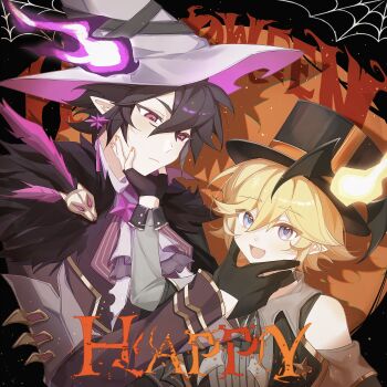 Rule 34 | 2boys, absurdres, alternate costume, aotu world, ascot, bare shoulders, bishounen, black ascot, black cape, black choker, black gloves, black hair, black hat, black jacket, black shirt, black skirt, blonde hair, blue eyes, brooch, cape, chinese commentary, choker, closed mouth, creature, earrings, english text, engrish text, fang, fingerless gloves, fire, fur-trimmed cape, fur trim, gloves, hair between eyes, halloween, halloween costume, hand on another's chin, hand on another's face, happy halloween, hat, height difference, highres, hongyeshiliu, jacket, jewelry, king (aotu world), light particles, long sleeves, looking at another, looking at viewer, male focus, multiple boys, nail polish, open mouth, pale skin, pink nails, pointy ears, purple eyes, purple fire, purple jacket, ranguage, ray (aotu world), shirt, short hair, silk, skirt, sleeveless, sleeveless shirt, smile, spider web, top hat, white ascot, white hat, witch hat, yaoi