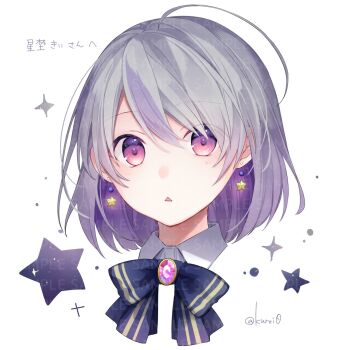 1girl ahoge artist_name black_bow black_bowtie bow bowtie brooch collared_shirt colored_inner_hair commentary_request commission cropped_head earrings eyes_visible_through_hair gem grey_hair highres hoshino_key indie_virtual_youtuber jewelry kuroi_(liar-player) light_blush looking_at_viewer multicolored_hair open_mouth parted_bangs pink_gem portrait purple_eyes purple_hair purple_streaks sample_watermark second-party_source shirt short_hair simple_background skeb_commission solo star_(symbol) star_earrings streaked_hair striped_bow striped_bowtie striped_clothes triangle_mouth twitter_username upwards_triangle_mouth virtual_youtuber watermark white_background white_shirt