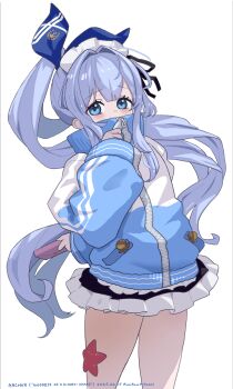 1girl anchor_(innocent_maid)_(nikke) anchor_(nikke) anchor_symbol black_ribbon black_skirt blue_bow blue_eyes blue_hair blue_jacket blush bow character_name commentary_request covering_own_mouth cowboy_shot dated envelope frilled_skirt frills goddess_of_victory:_nikke hair_bow hair_intakes hair_ribbon highres holding holding_envelope jacket kunikuni_(kunihiro2005) long_hair long_sidelocks looking_at_viewer maid_headdress ponytail ribbon sidelocks skirt solo standing starfish very_long_hair white_background