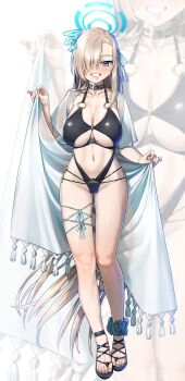 Rule 34 | 1girl, absurdres, alternate costume, aqua nails, asuna (blue archive), asymmetrical bangs, black one-piece swimsuit, blonde hair, blue archive, blue eyes, blue halo, breasts, cleavage, commentary request, full body, hair over one eye, halo, highres, large breasts, long hair, looking at viewer, mole, mole on breast, one-piece swimsuit, sandals, smile, solo, swimsuit, walking nakta