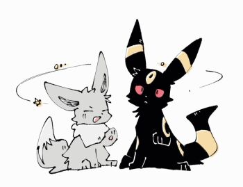 Rule 34 | animal focus, black fur, closed eyes, closed mouth, colored sclera, eevee, full body, gen 1 pokemon, gen 2 pokemon, grey fur, grey tail, nintendo, no humans, open mouth, pokemon, pokemon (creature), pokemon focus, red sclera, simple background, sitting, sketch, smile, umbreon, white background, zugvogel 0525