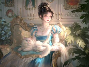 1girl absurdres animal black_hair blue_dress blue_eyes breasts candle cat cleavage couch dress earrings elbow_gloves gloves hair_bun highres indoors jewelry large_variant_set necklace on_lap original plant puffy_short_sleeves puffy_sleeves ring short_sleeves sitting solo variant_set white_cat white_gloves xixizi