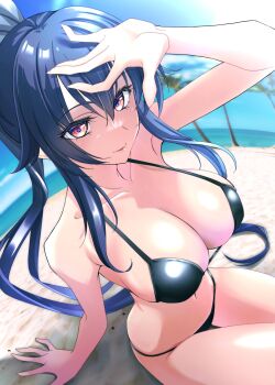 1girl bikini black_bikini black_hair blue_sky breasts cleavage cloud commentary_request day fisheye highres kantai_collection large_breasts long_hair outdoors ponytail red_eyes sitting sky solo swimsuit tsukasa_(tukasa_br) yahagi_(kancolle)