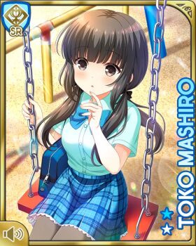 1girl :o black_bow black_hair black_legwear blue_skirt book bow card_(medium) character_name day dress_shirt girlfriend_(kari) grey_eyes hair_ribbon hand_by_own_face mashiro_toko official_art open_mouth outdoors plaid_clothes plaid_skirt playground qp:flapper ribbon sand school school_uniform shirt sitting skirt swing_set tagme white_shirt