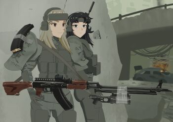 2girls ak-74 assault_rifle black_hair blonde_hair dystopia gun highres holding holding_gun holding_weapon kalashnikov_rifle long_hair long_sleeves machine_gun magazine_(weapon) military multiple_girls original rifle ruins science_fiction scope smile suppressor technology the_forever_winter user_ahhc5733 weapon