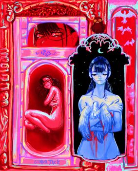 1girl black_hair blood blue_hair bucky_(chainsaw_man) chainsaw_man closed_eyes crescent_moon facial_scar ginka_jack highres long_hair lying moon multiple_views nude on_side ringed_eyes scar scar_on_cheek scar_on_face war_devil_(chainsaw_man) yoru_(chainsaw_man)