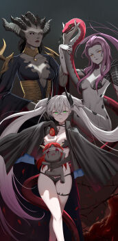 4girls black_cloak black_hands black_sclera body_markings breasts chibi cleavage cloak colored_extremities colored_sclera colored_skin commentary_request crossover demon_girl demon_horns demon_wings diablo_(series) fate/grand_order fate_(series) green_eyes grey_eyes grey_hair grey_skin highres horns large_breasts lilith_(diablo) lilith_(fate) lilith_(megami_tensei) lilith_(second_ascension)_(fate) lilith_(the_binding_of_isaac) long_hair mailixiang medium_breasts megami_tensei multiple_girls name_connection orange_eyes parted_bangs purple_hair shin_megami_tensei shin_megami_tensei_v shin_megami_tensei_v:_vengeance snake the_binding_of_isaac trait_connection twintails wings