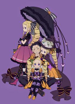 Rule 34 | 1boy, 1girl, :t, absurdres, beatrice (re:zero), black gloves, black hair, black umbrella, blonde hair, blue eyes, blush, boots, cape, closed eyes, closed mouth, crown, dress, drill hair, gloves, hair ornament, hair ribbon, halloween, halloween costume, hat, highres, holding, holding umbrella, long hair, looking at viewer, mini crown, multiple girls, multiple persona, natsuki subaru, orange dress, pantyhose, pout, purple background, purple eyes, re:zero kara hajimeru isekai seikatsu, ribbon, short hair, sidelocks, simple background, sitting, sitting on lap, sitting on person, smile, standing, striped clothes, striped pantyhose, symbol-shaped pupils, tamakiwachi, twin drills, twintails, umbrella, witch hat