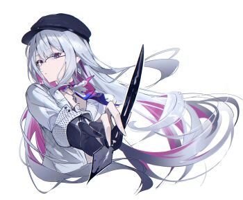 1girl beret colored_inner_hair commentary_request earrings glasses gloves hat highres holding holding_pen honkai:_star_rail honkai_(series) ink jewelry long_hair multicolored_hair necklace nihilux_(honkai:_star_rail) pen pink_eyes purple_eyes ribbon sasa_(sasa_ekakiman) shirt upper_body very_long_hair white_hair