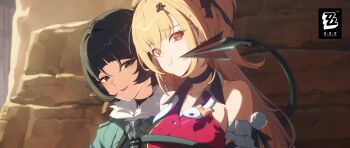 Rule 34 | 2girls, ahoge, animal ears, black hair, blonde hair, chalky (zenless zone zero), cheek poking, cissia (zenless zone zero), close-up, hair between eyes, hair ornament, highres, jane doe (zenless zone zero), long hair, mouse ears, mouse girl, multiple girls, official art, one side up, open mouth, poking, pom pom (clothes), pom pom hair ornament, red eyes, smile, snake, tail, upper body, white snake, zenless zone zero